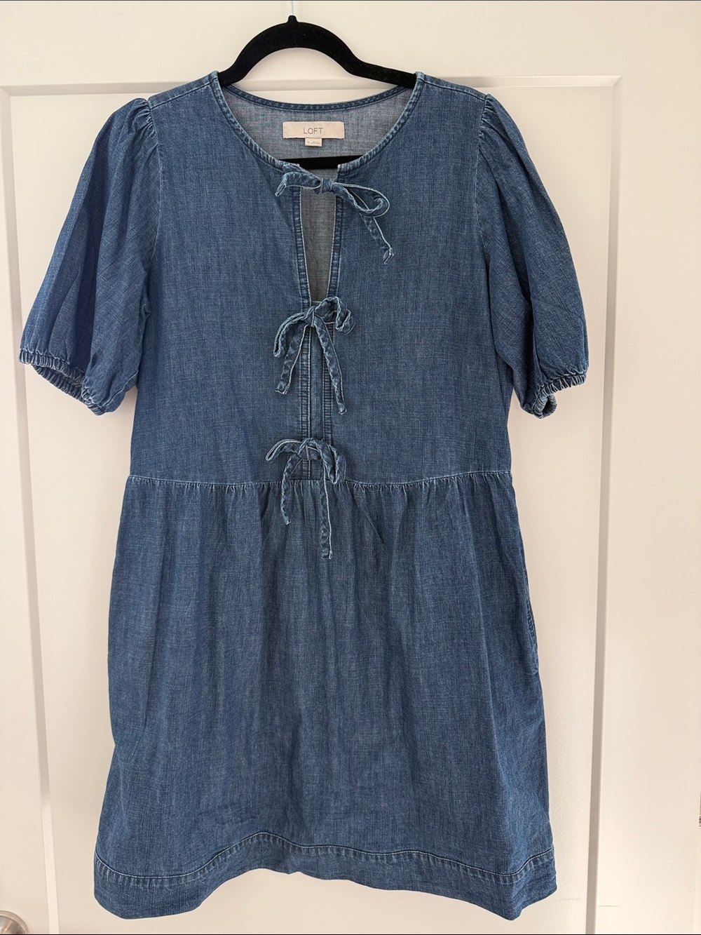 LOFT Denim Tie-Front Puff Sleeve Dress - Blue